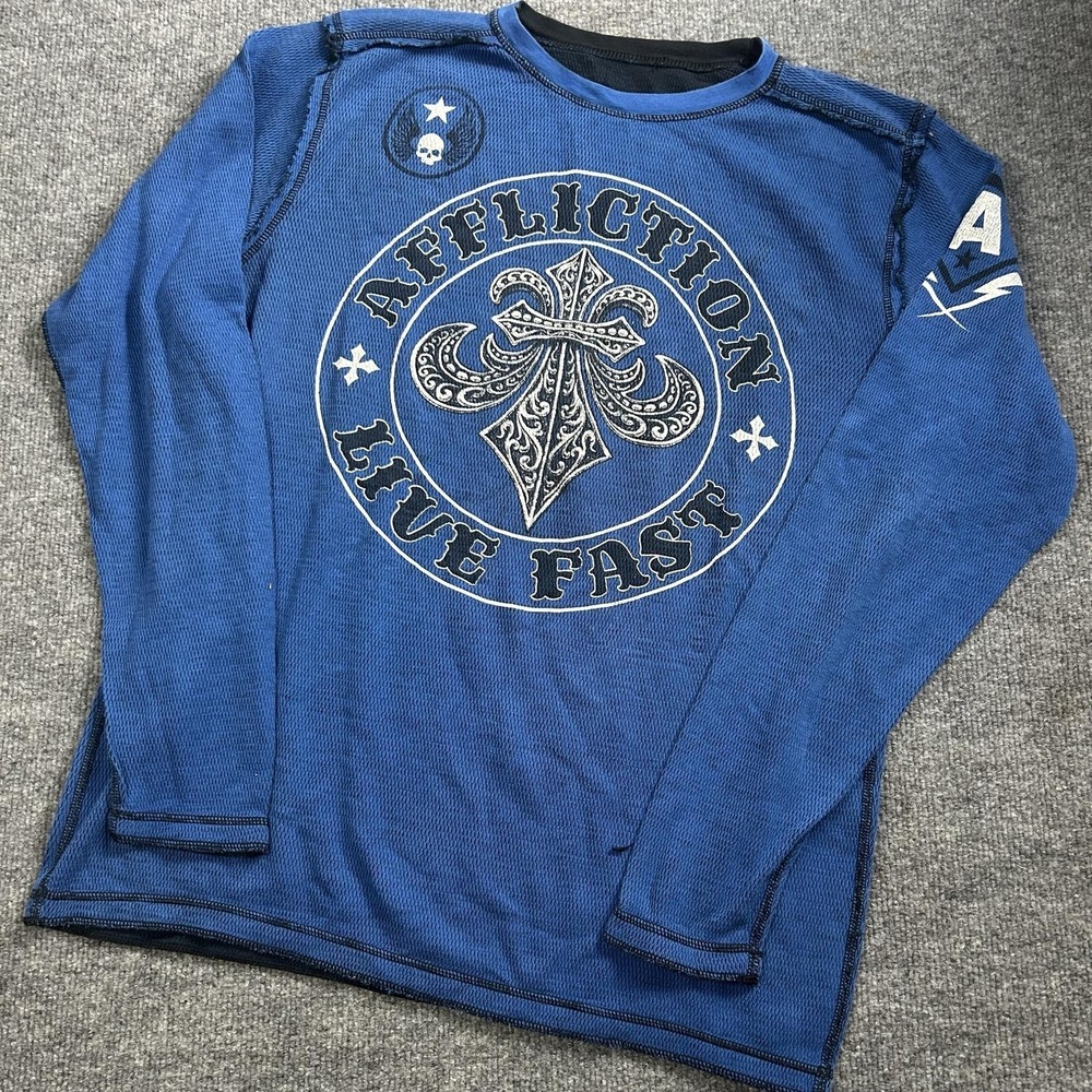 Affliction Shirt Mens XL Blue Black Reversible Thermal Live Fast Skull Biker